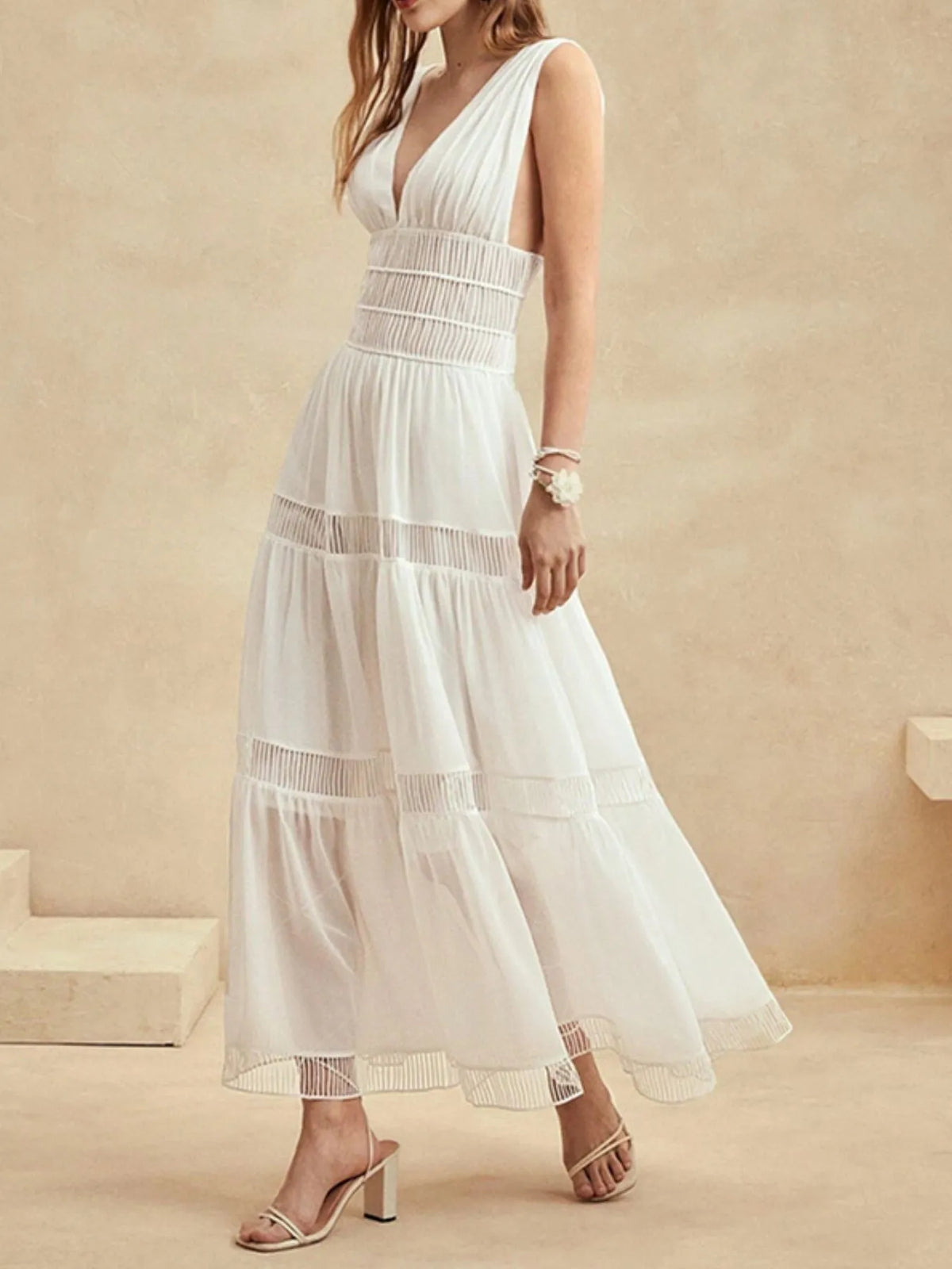 Smocked Tiered V-Neck Maxi Dress