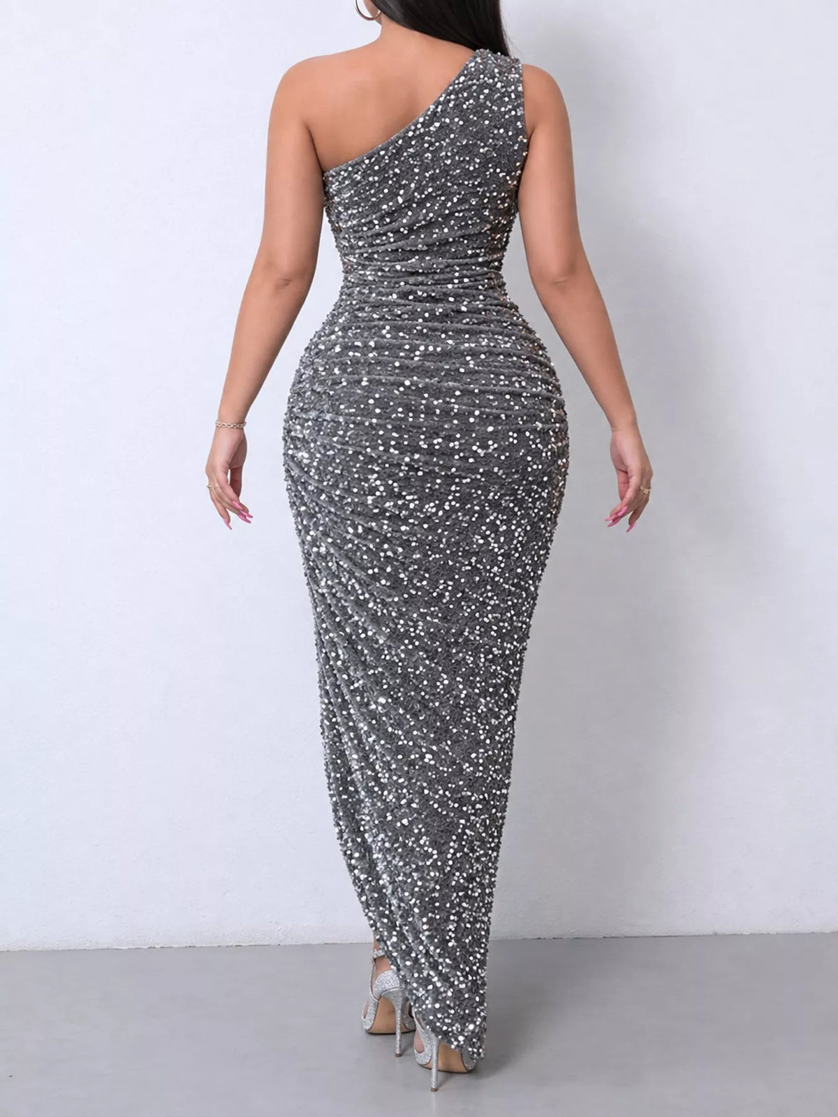 One-Shoulder Sequin High-Slit Evening Dress