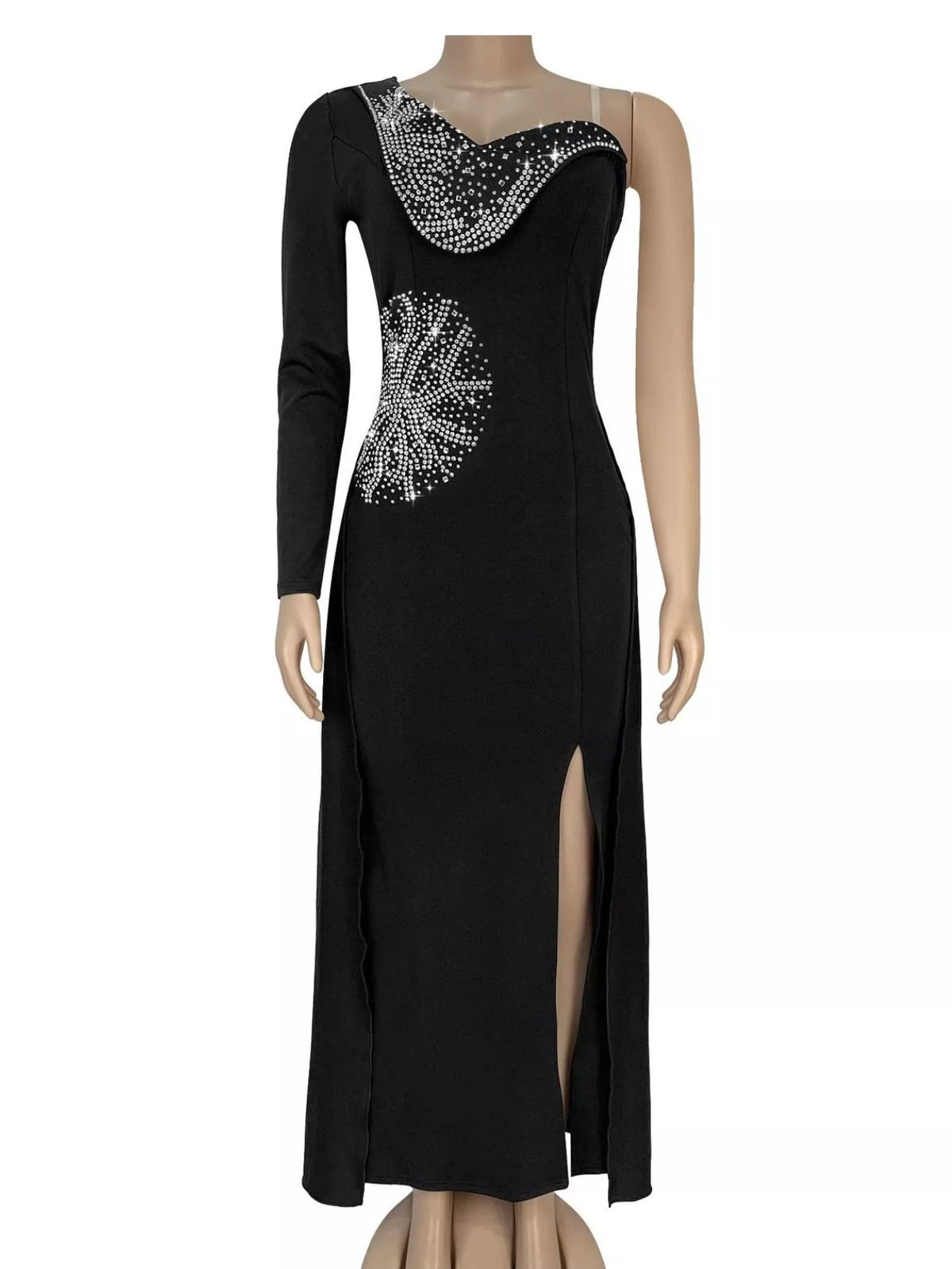One Shoulder Rhinestone Maxi Dress in Black