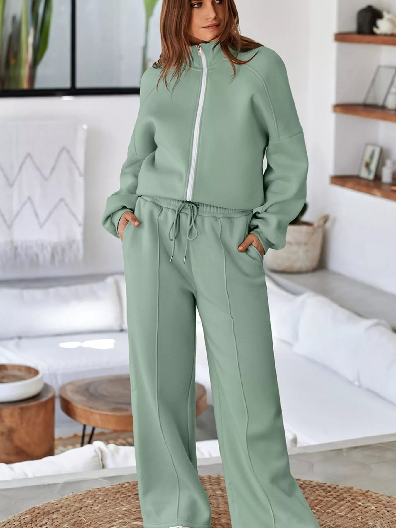 Drop Shoulder Zip-Up Jacket & Pants Set