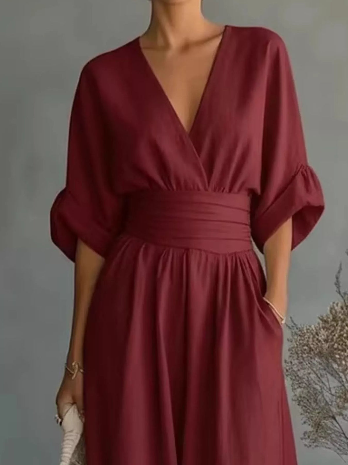 Ruched Half Sleeve Wide-Leg Jumpsuit