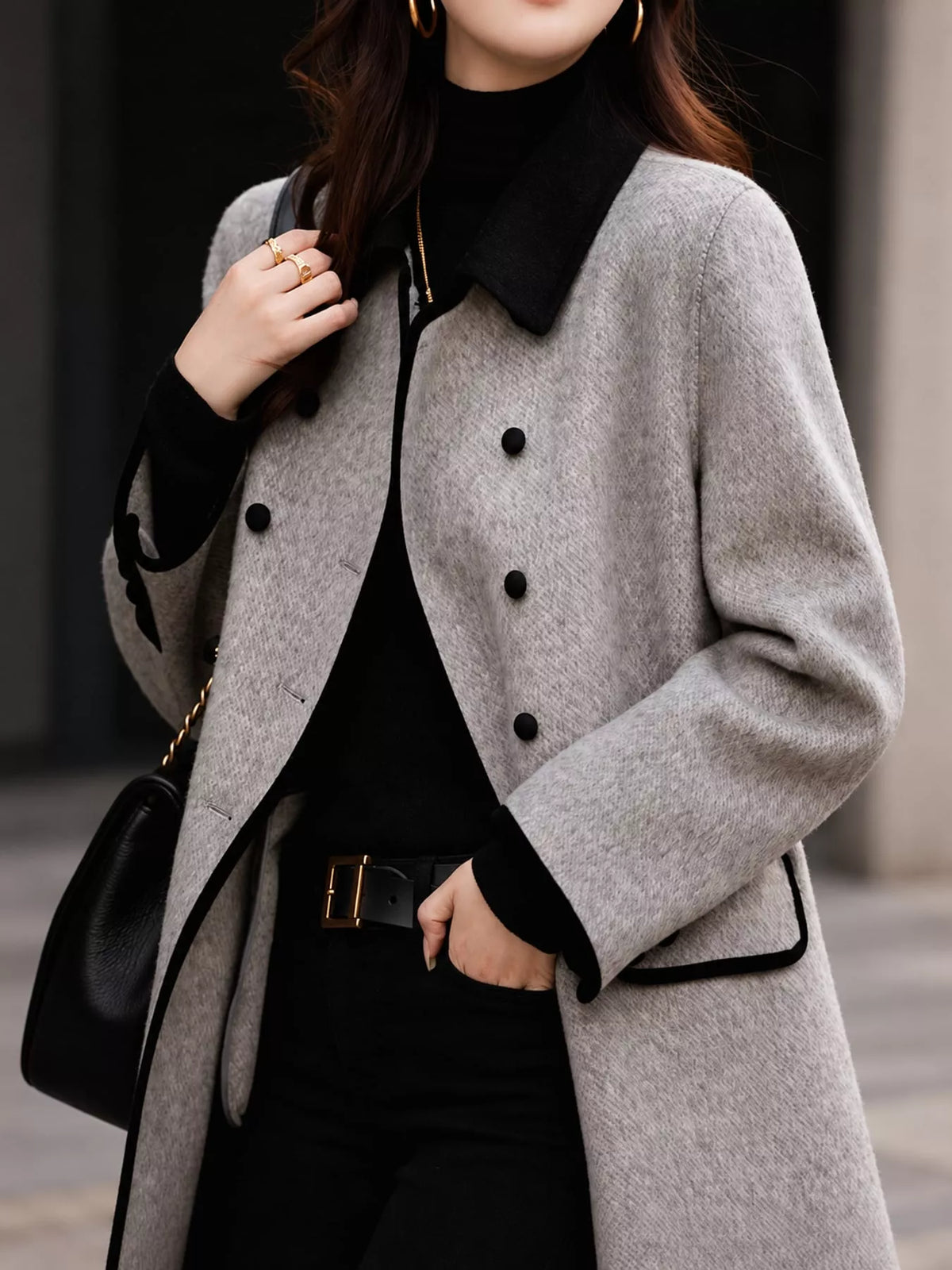 Double-Breasted Coat with Contrast Trim in Gray