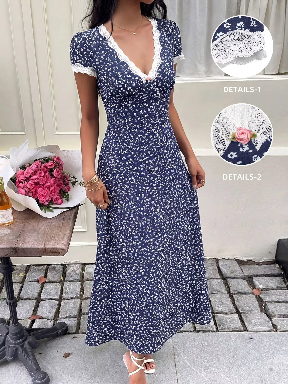 Floral Print Lace Trim Maxi Dress in Navy