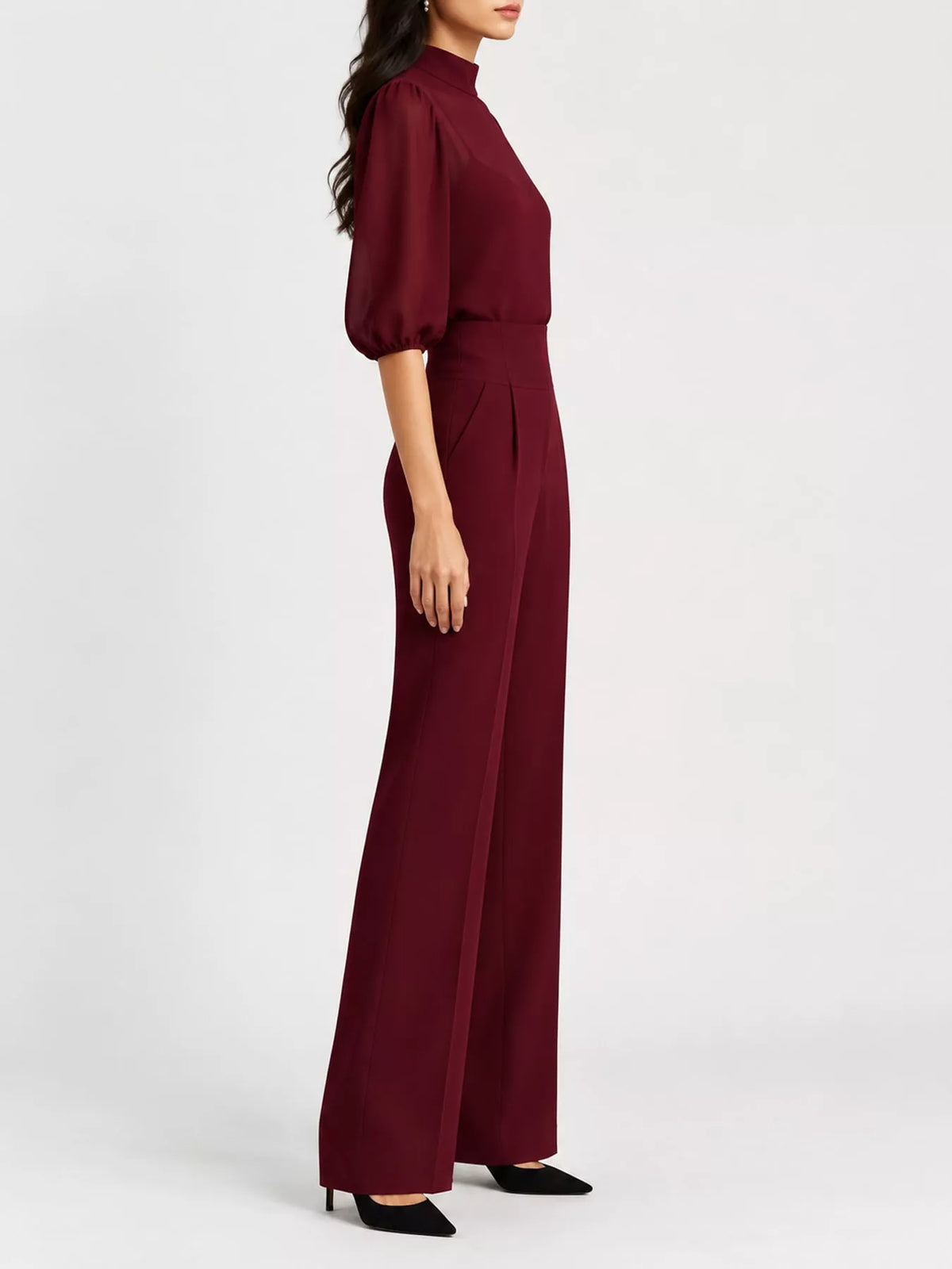 Mock Neck Puff Sleeve Top and Wide Leg Pants Set