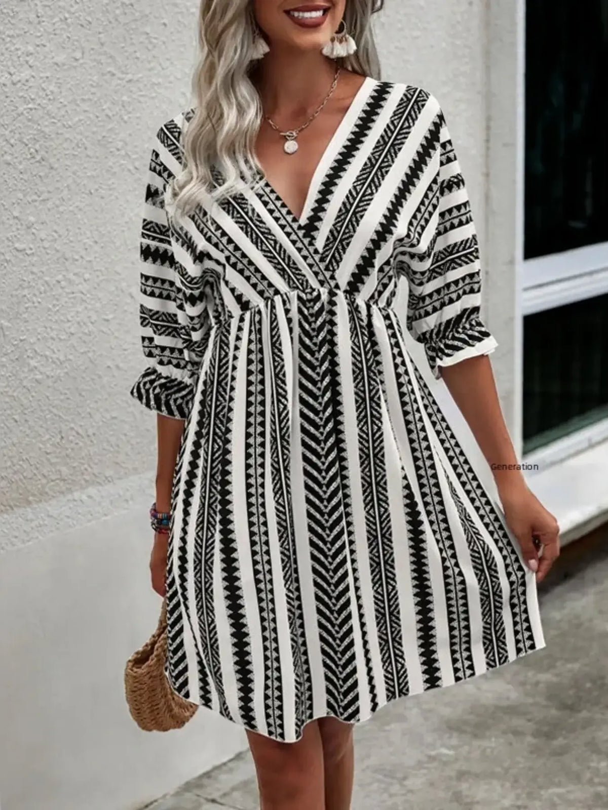 Geometric Print V-Neck Mini Dress in Black by ArtisticExpression