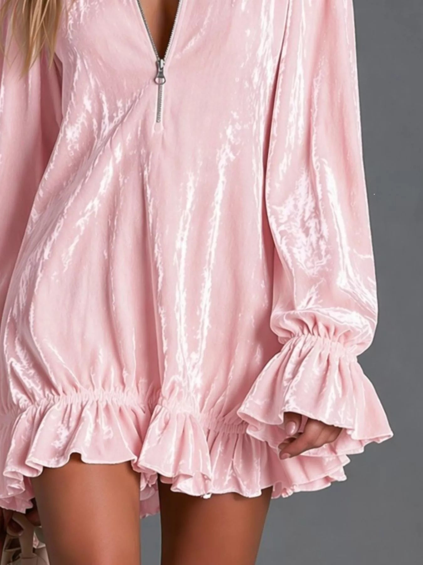 Zip-Front Ruffle-Hem Mini Dress