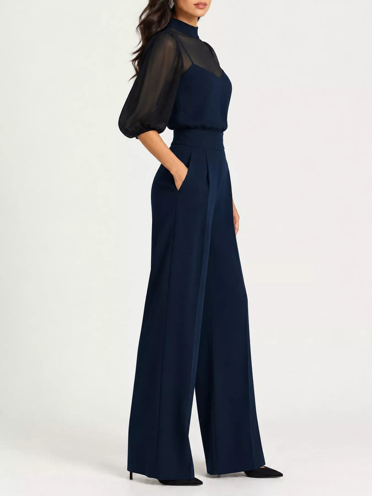 Mock Neck Puff Sleeve Top and Wide Leg Pants Set