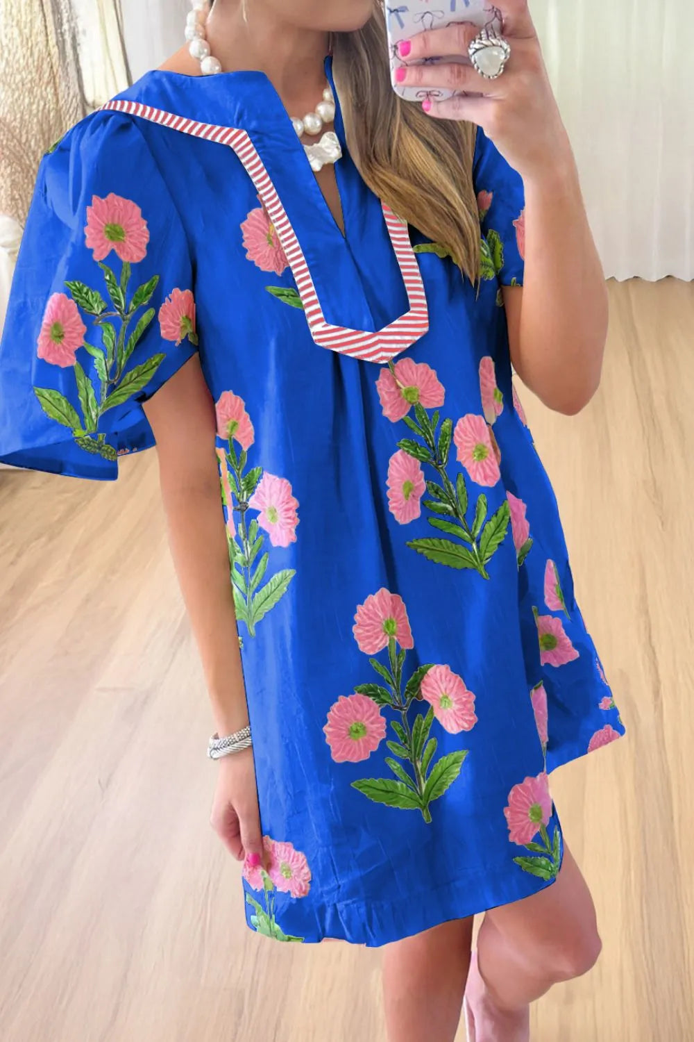 Floral Notched Mini Dress with Striped Trim