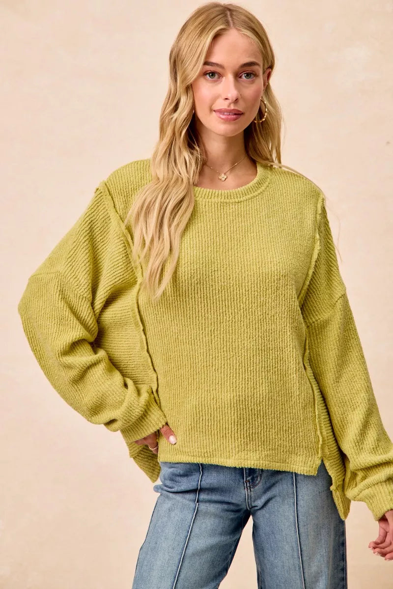 Boucle Uneven Hem Sweater in Lime by BiBi