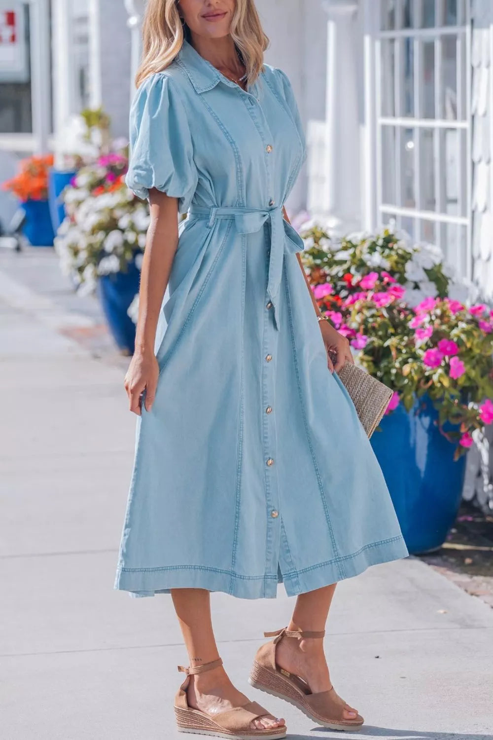 Collared Bubble Sleeve Denim Dress in Light Blue