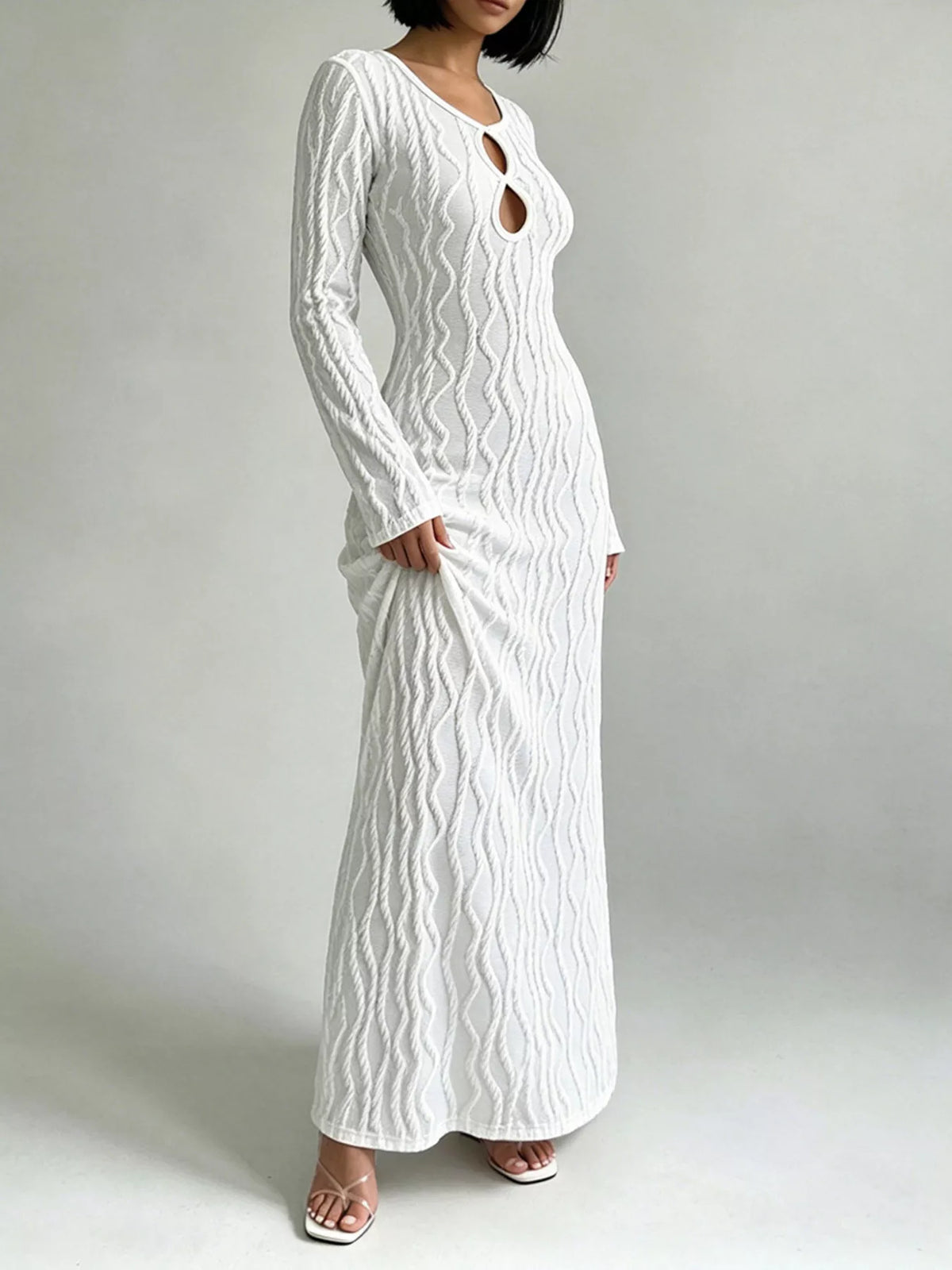Ribbed Cutout Long Sleeve Maxi Dress in White