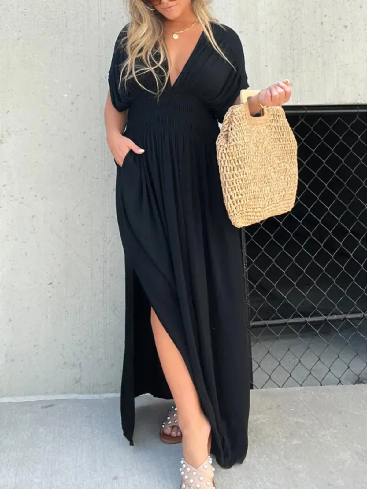 Deep V-Neck Maxi Dress with Side Slit