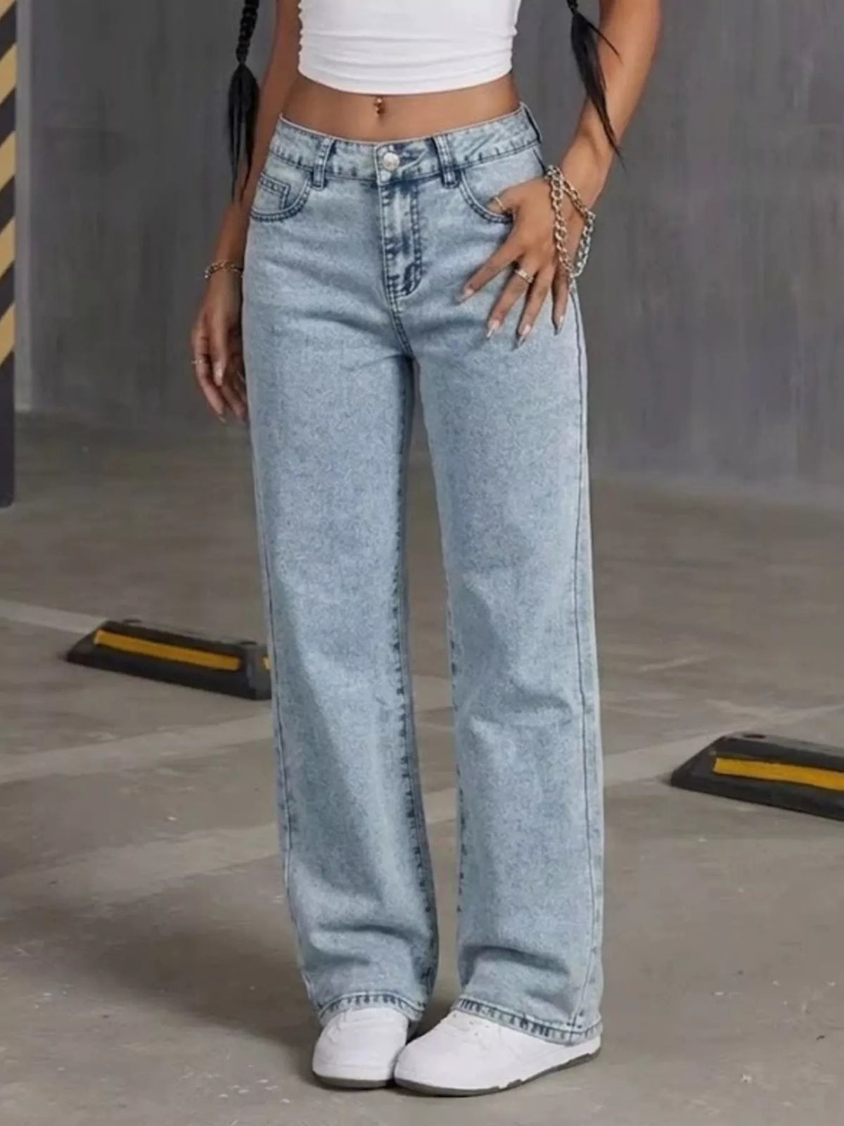 High-Waisted Acid Wash Straight Leg Jeans in Light Blue