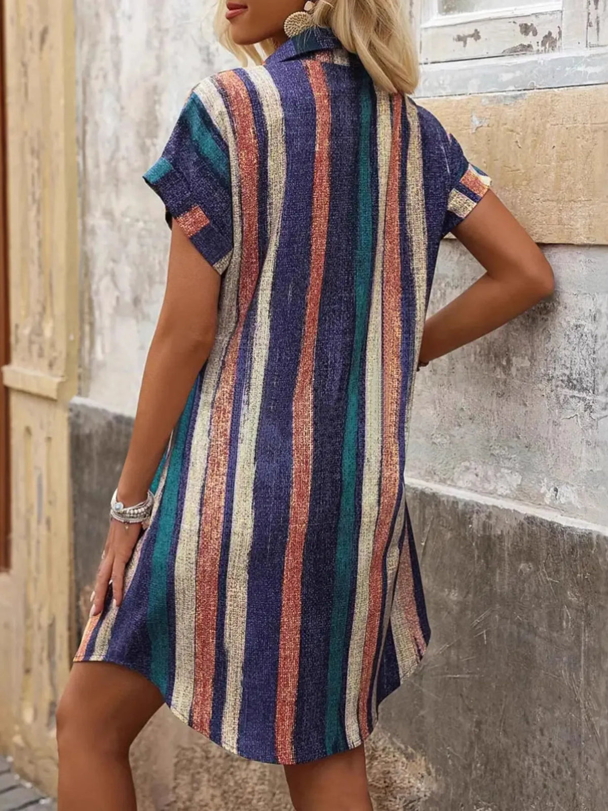 Striped Button-Front Shirt Dress in Navy Blue