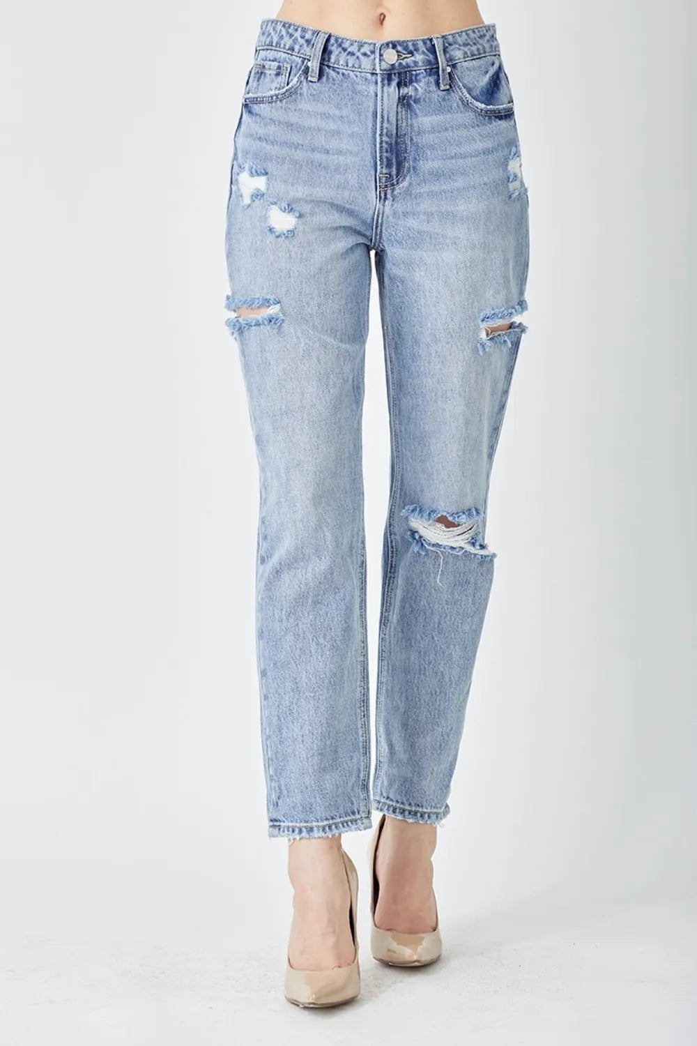 Risen Washed Distressed Slim Cropped Jeans in Medium