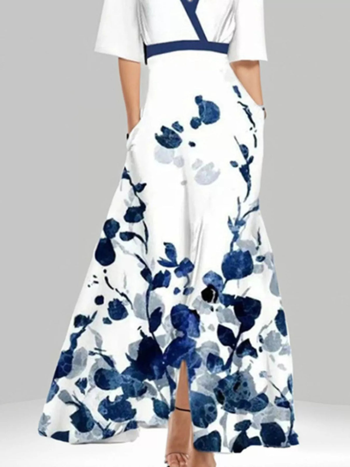 Floral Print Half-Sleeve Maxi Dress with Pockets