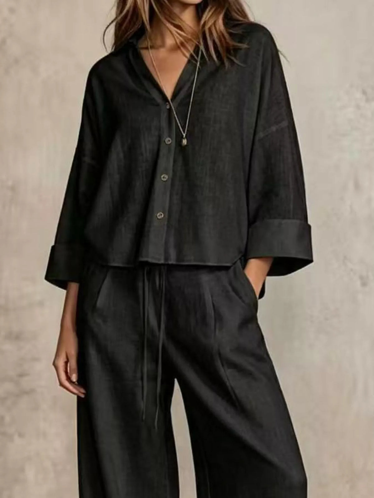 Button-Down Shirt and Wide-Leg Pants Set