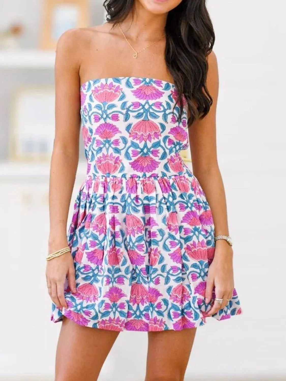 Printed Smocked Tube Mini Dress