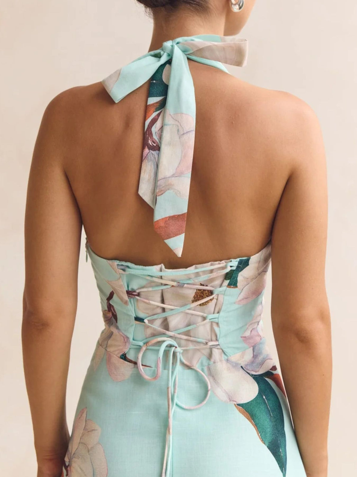 Floral Print Lace-Up Halter Maxi Dress