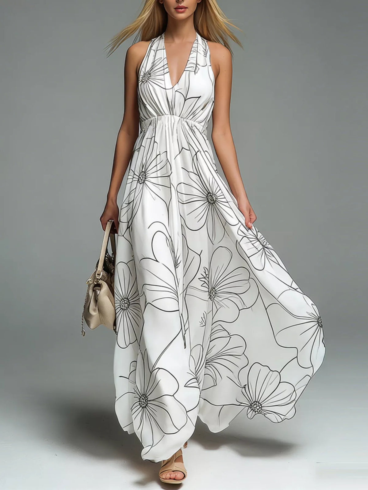 Halter Neck Printed Flowy Maxi Dress
