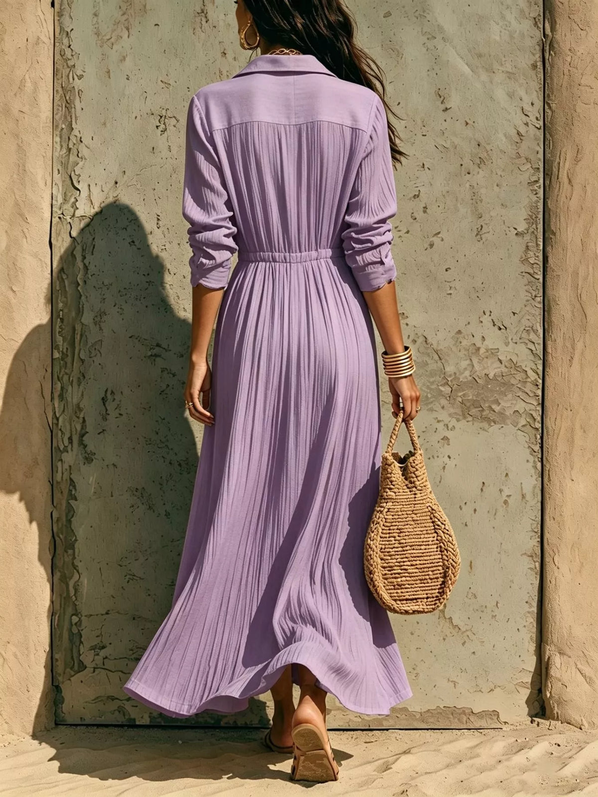 Textured Button Front Long Sleeve Maxi Dress