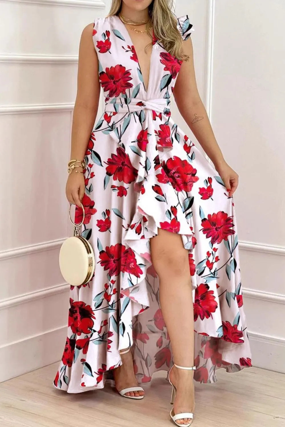 Ruffled Plunge Neck Maxi Dress