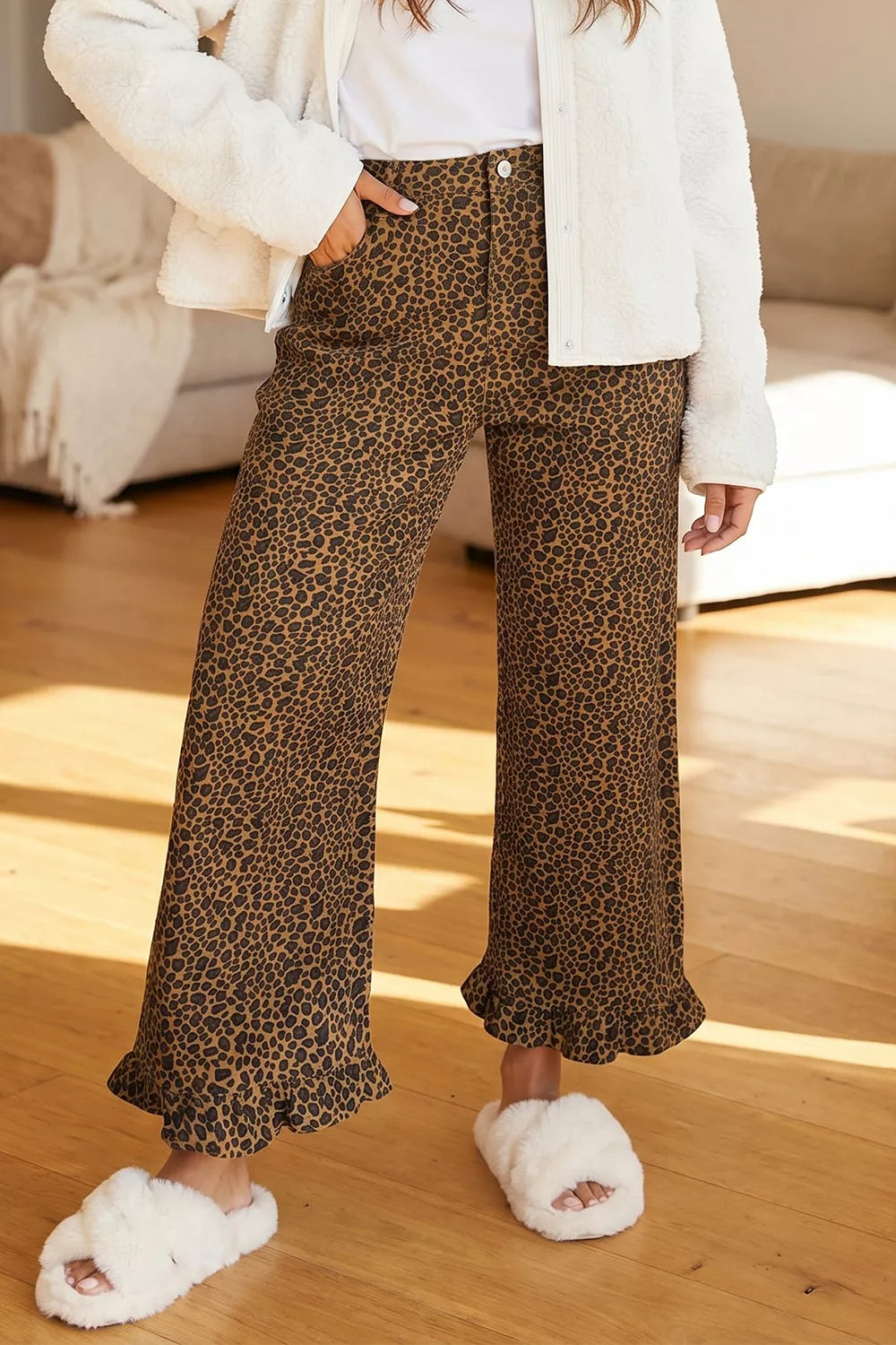 Leopard Print Ruffled Hem Jeans in Dark Brown