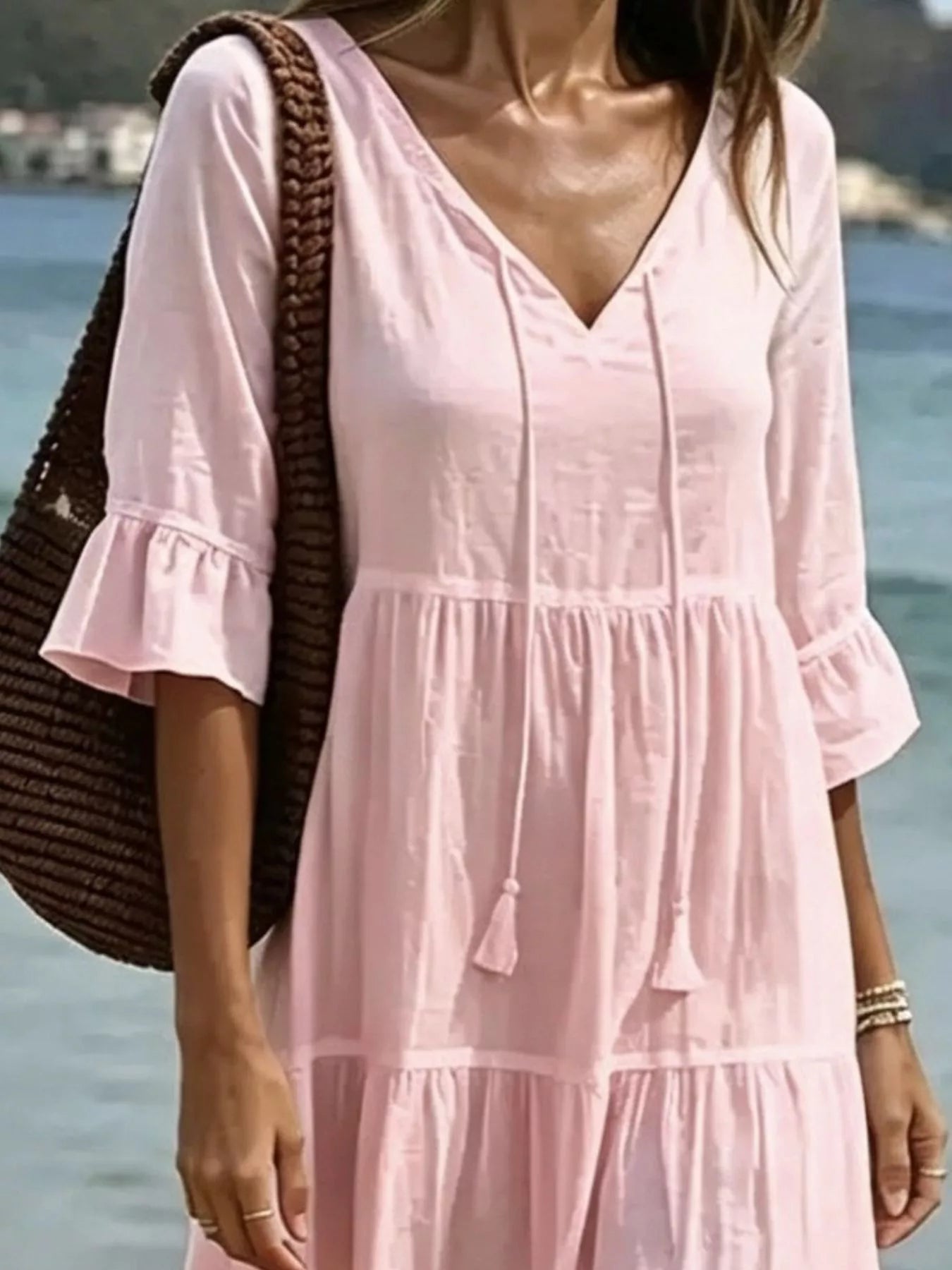 Tie-Neck Flounce Sleeve Tiered Dress