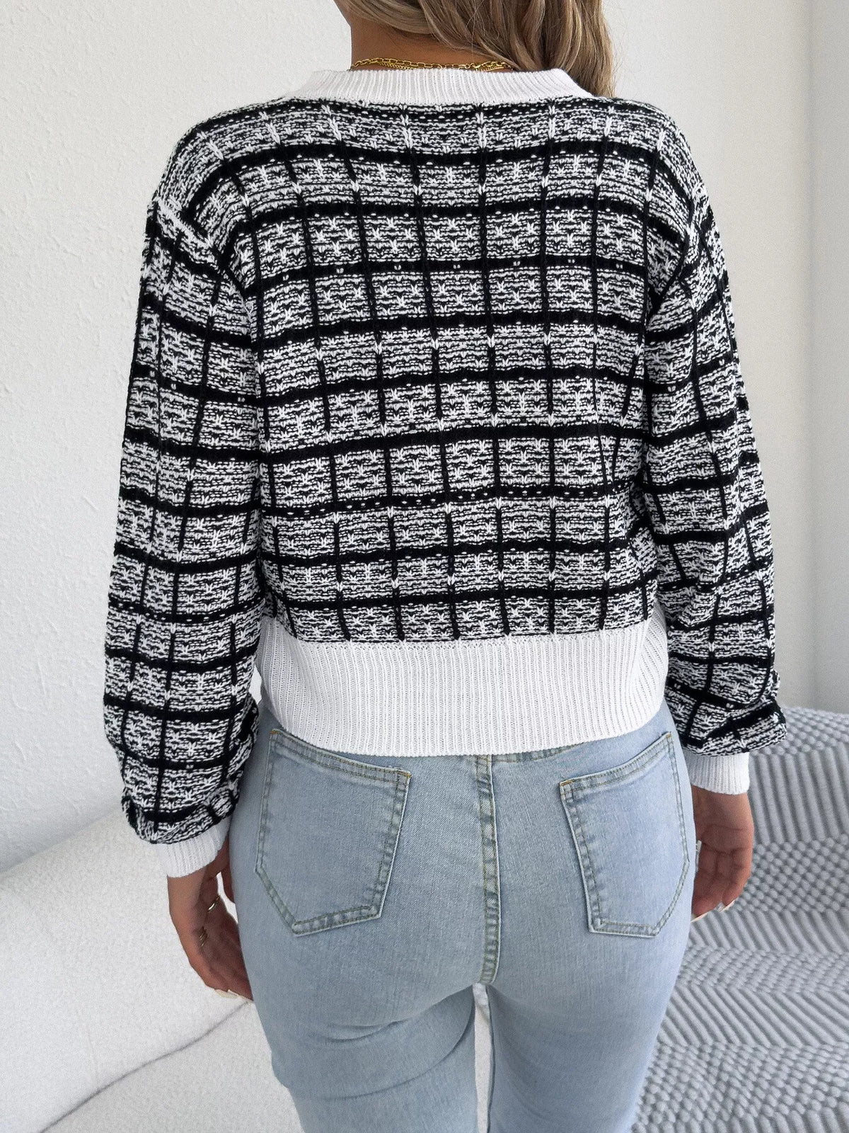 Plaid Tweed-Style Knit Cardigan by Clise