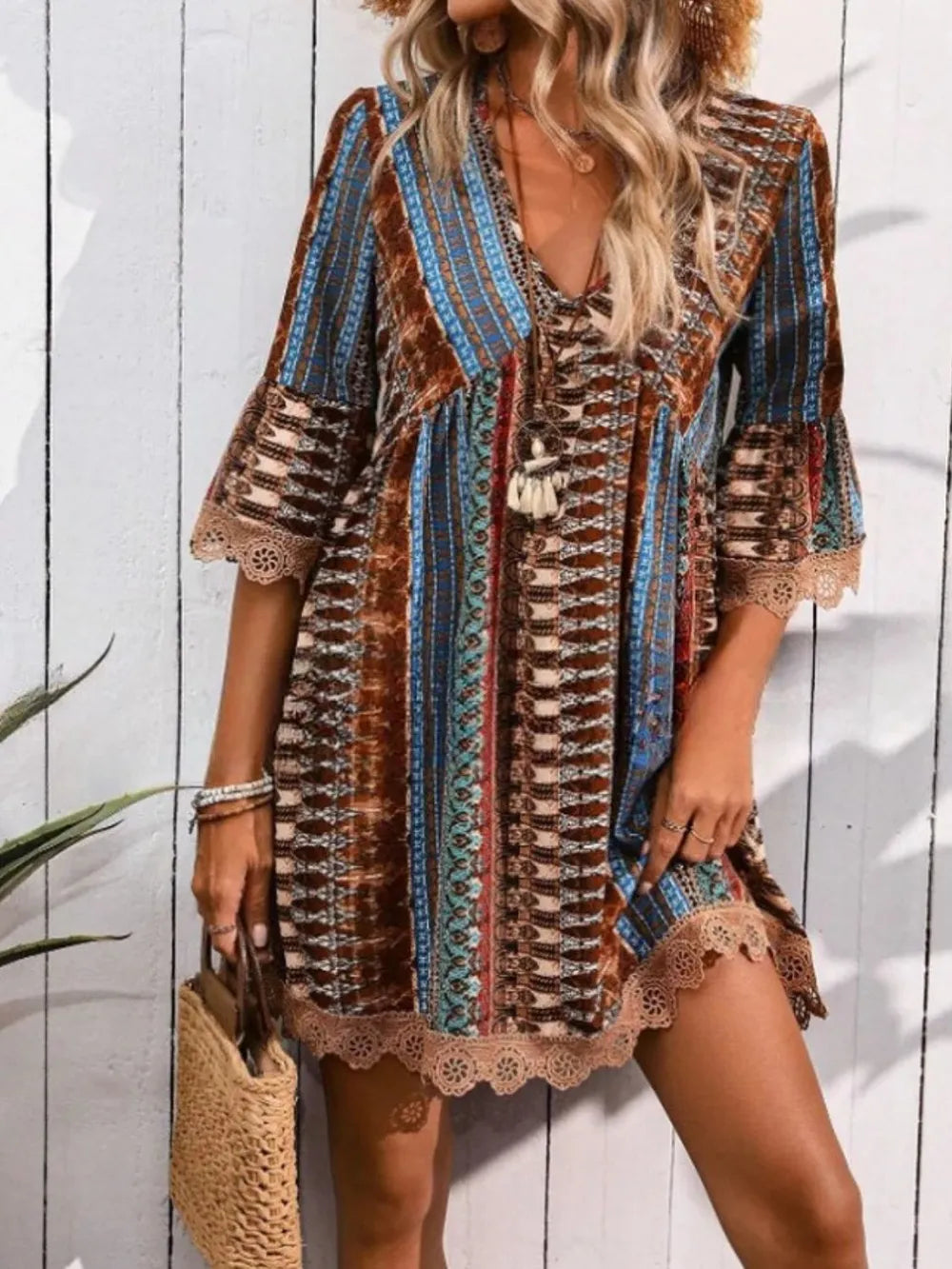 Lace-Trim Printed V-Neck Dress