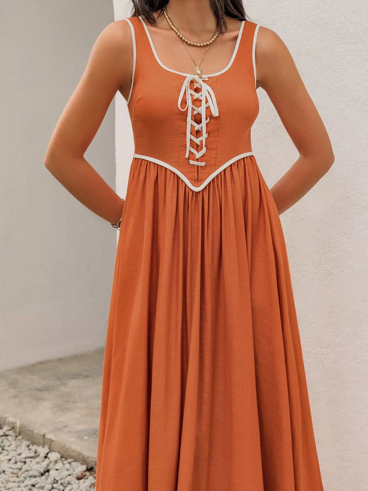 Contrast Trim Lace-Up Maxi Tank Dress in Terracotta