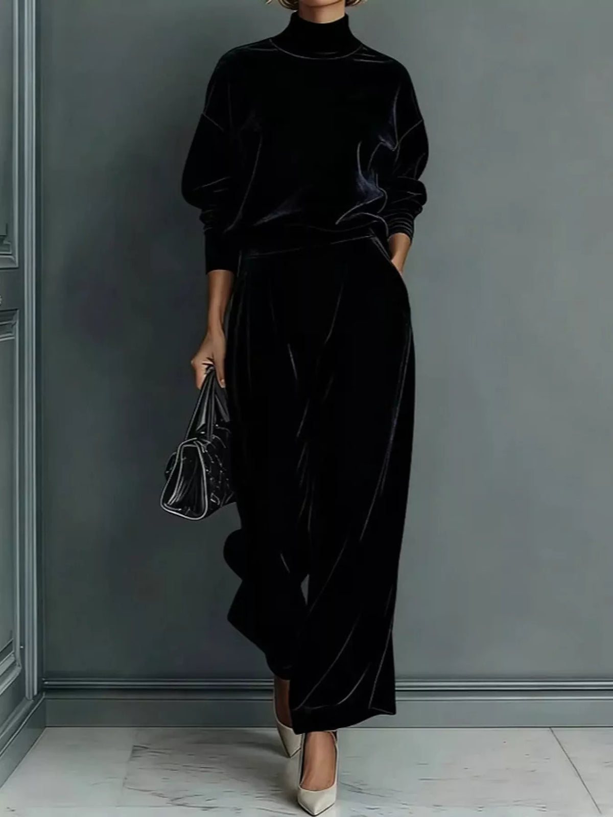 Velvet Mock Neck Top and Wide-Leg Pants Set