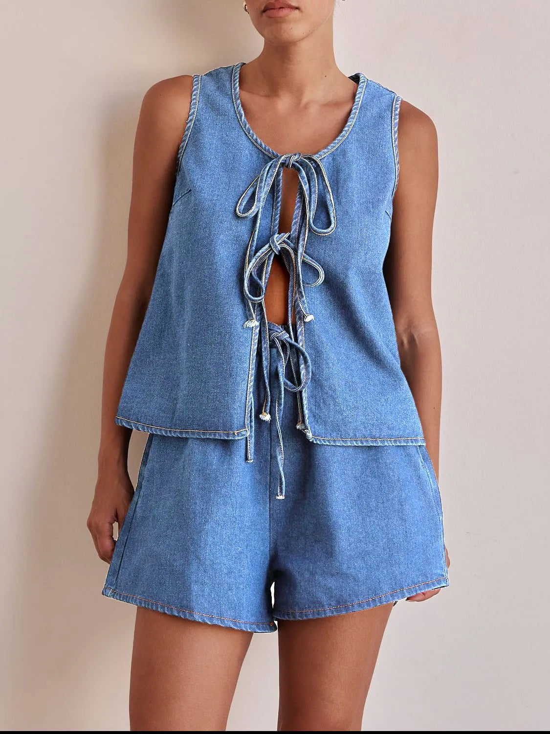 Tie-Front Vest and Shorts Denim Set
