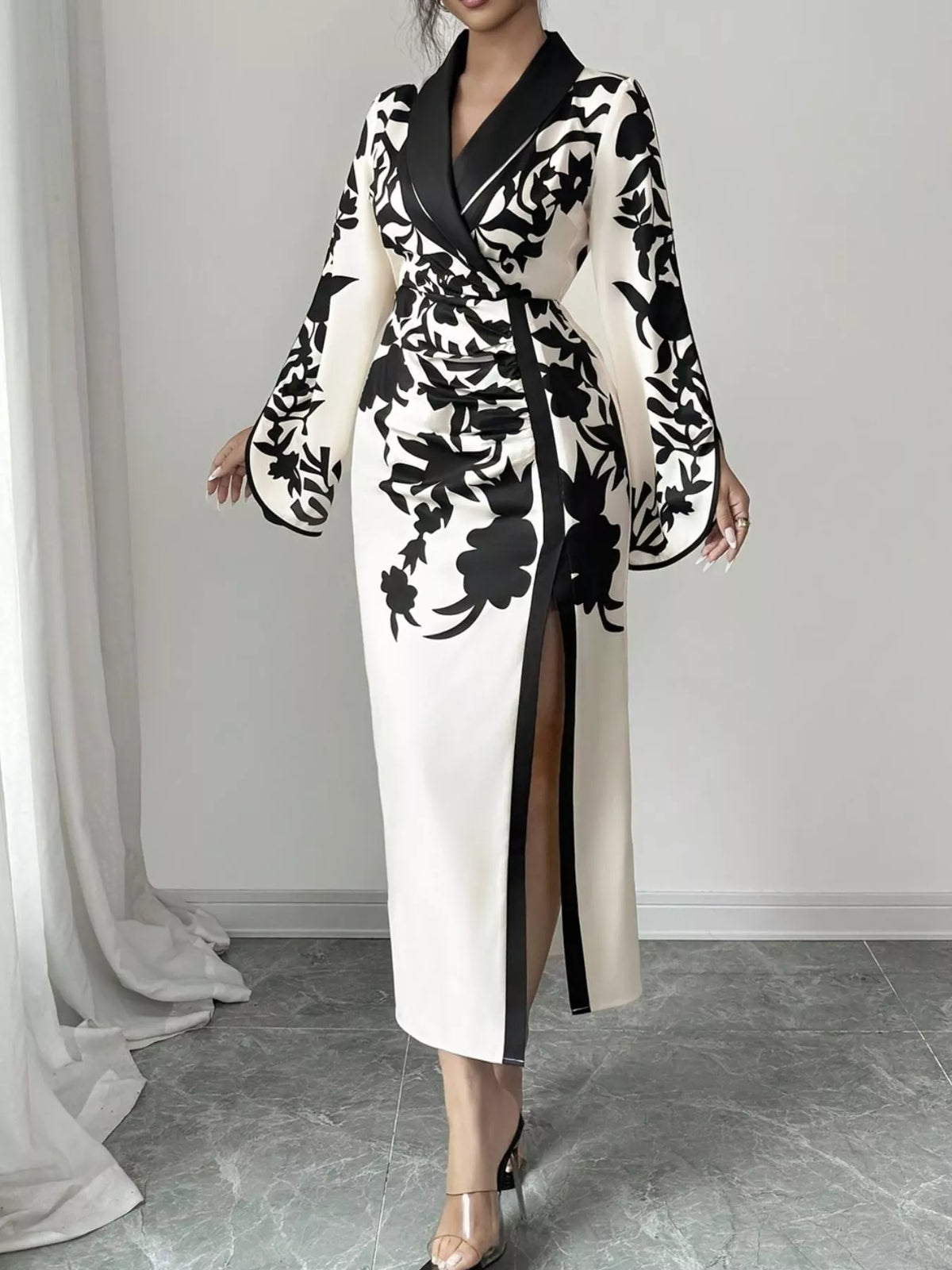 Slit Long Sleeve Wrap Midi Dress in White/Black