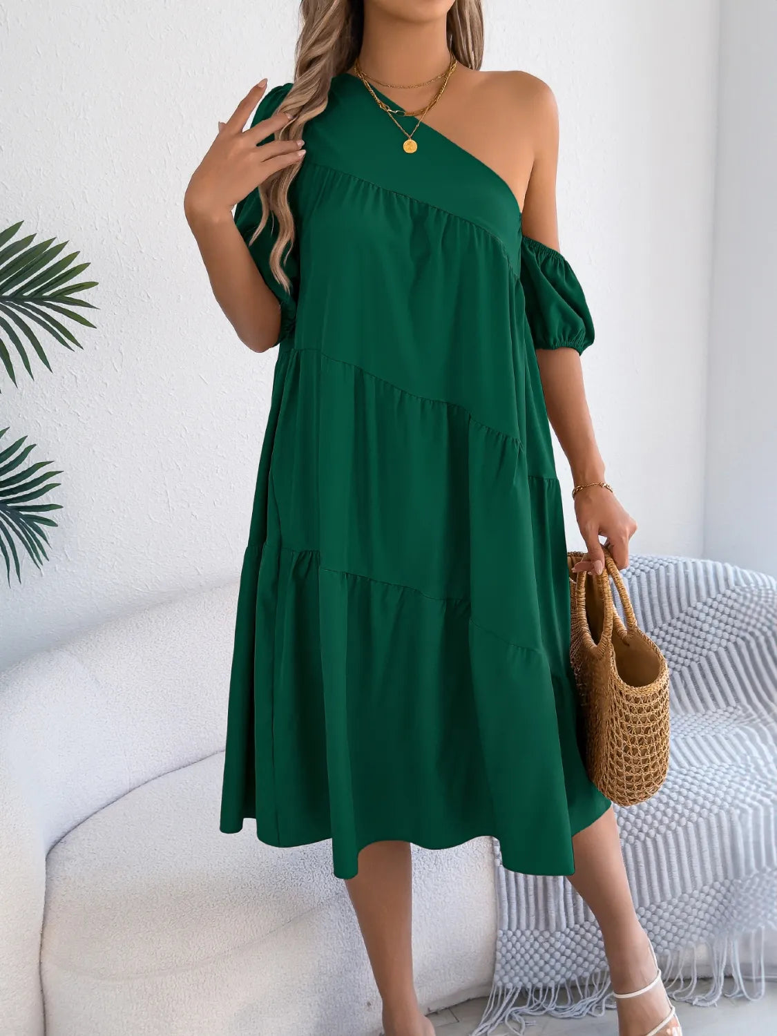 Asymmetrical Single-Shoulder Tiered Dress