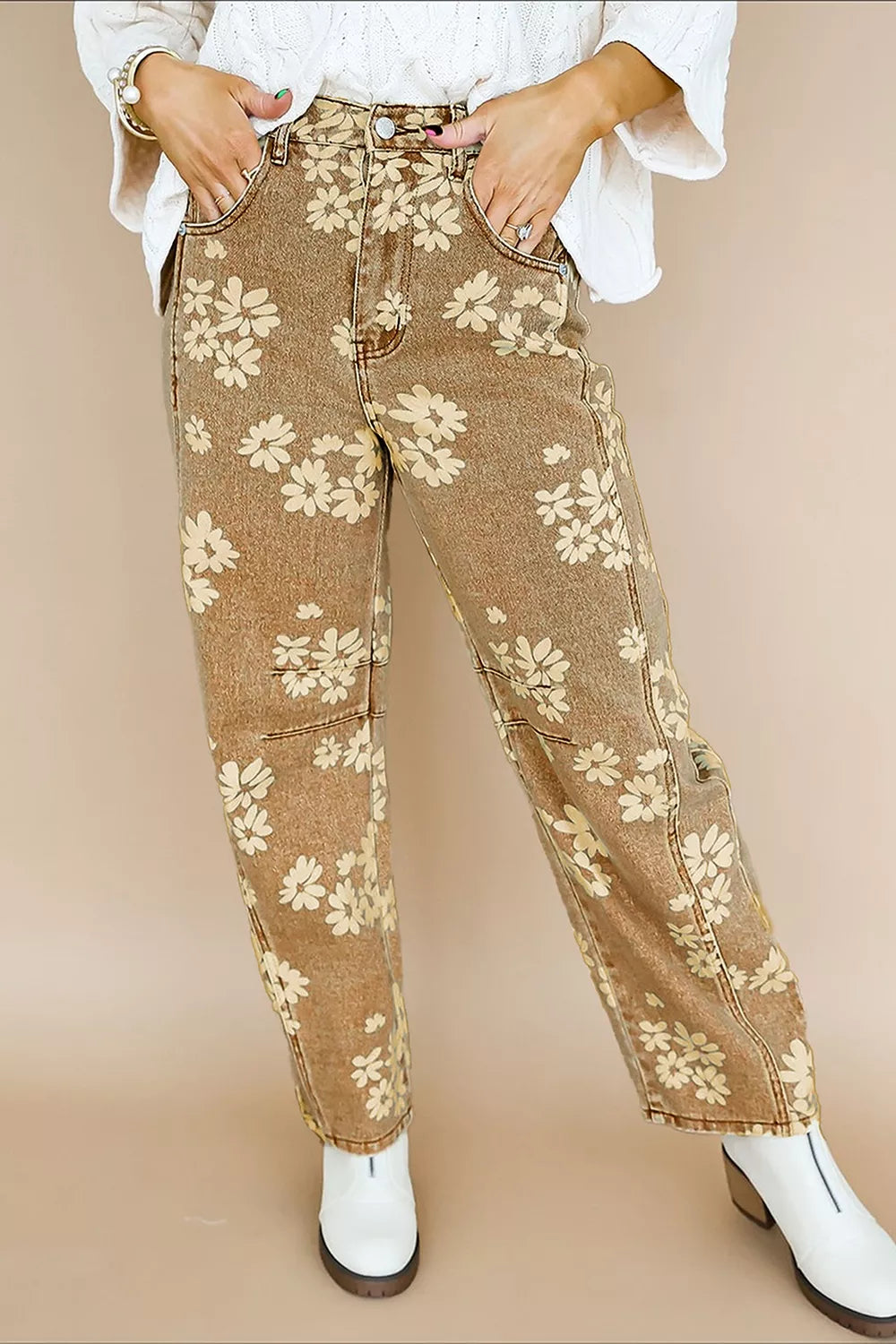 Floral Pleated Straight Leg Jeans in Tan