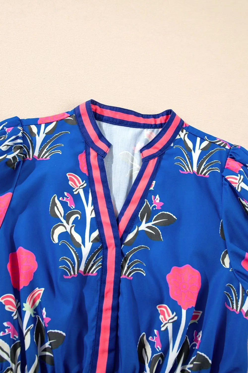 Floral Notched Puff Sleeve Dress in Royal Blue