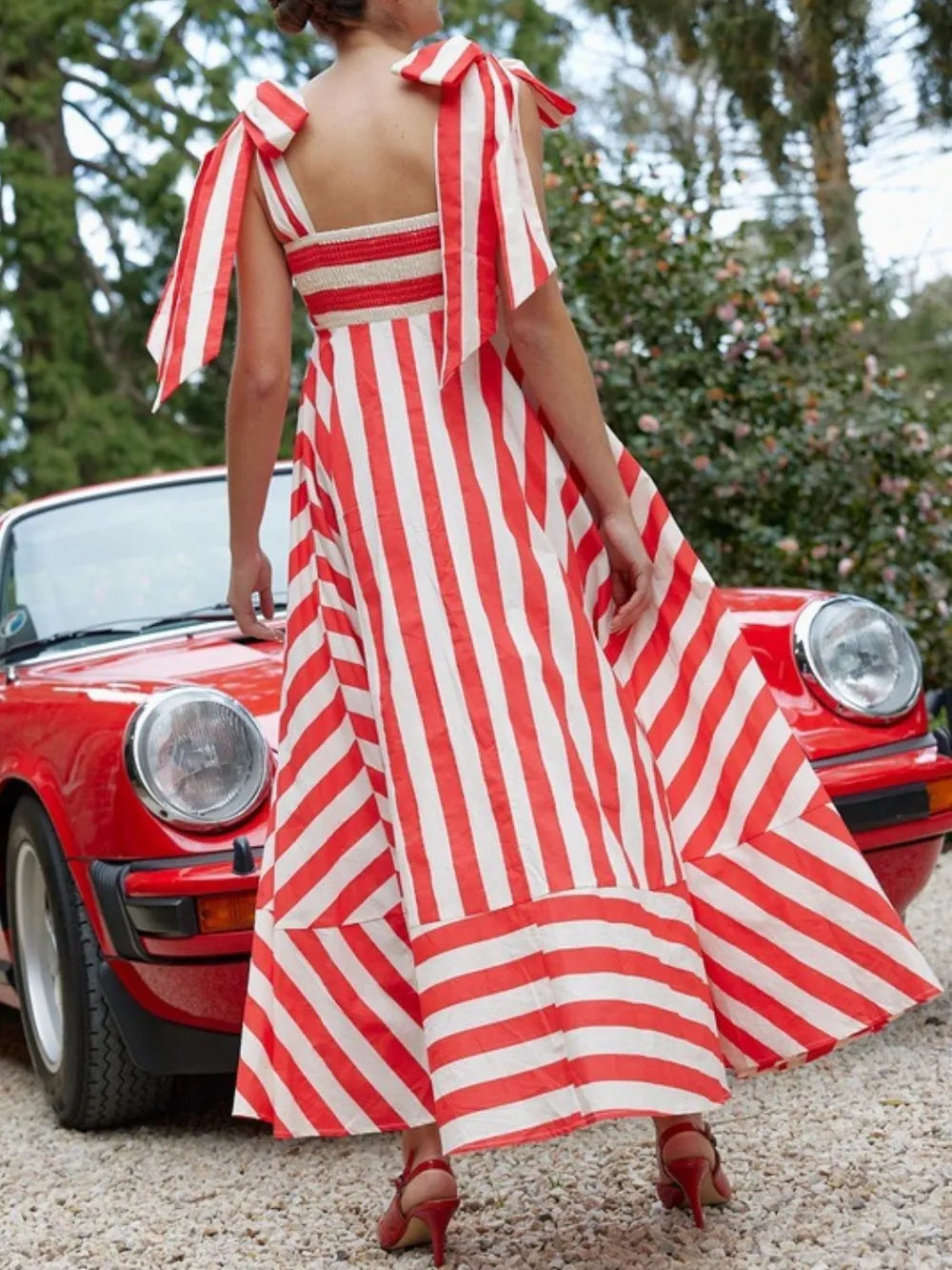 Striped Square Neck Wide Strap Dress in Red