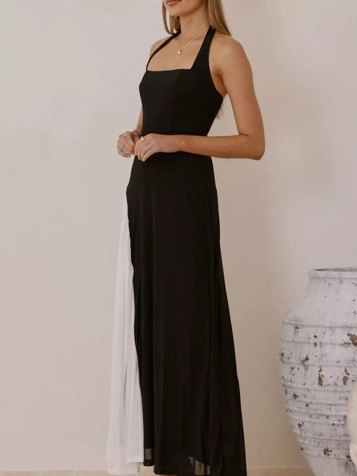 Ruched Halter Maxi Dress in Black