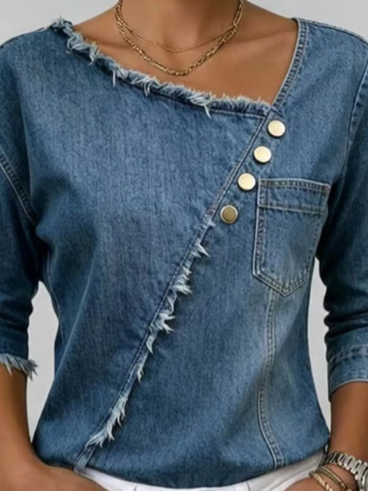 Asymmetric Raw-Edge Denim Top in Navy Blue