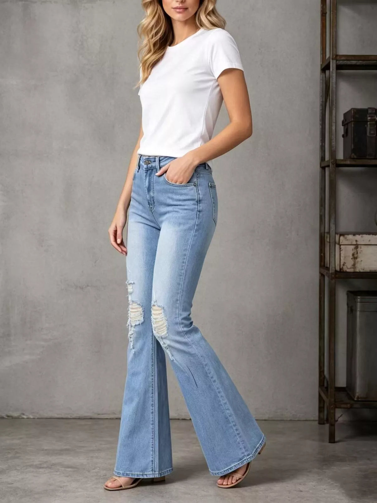 High-Waisted Distressed Flare Jeans in Light Blue by Dreamy Drapes