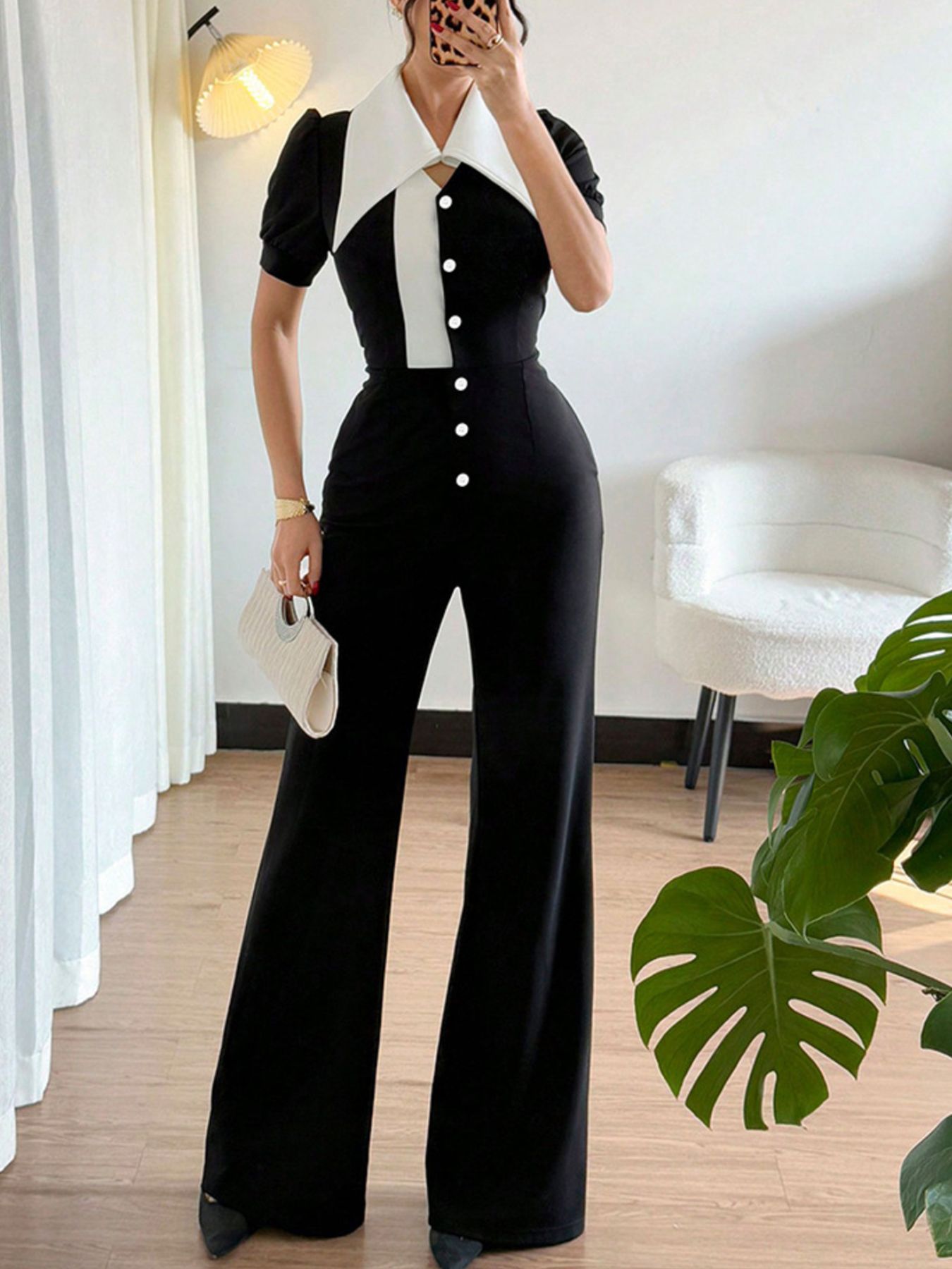Button-Down Wide Leg Jumpsuit in Black