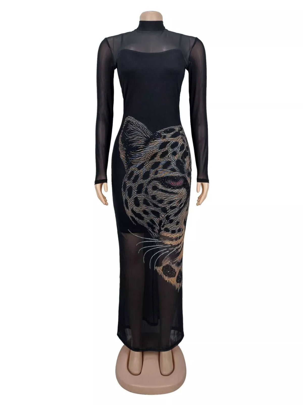 Leopard Print Mesh Maxi Dress in Black
