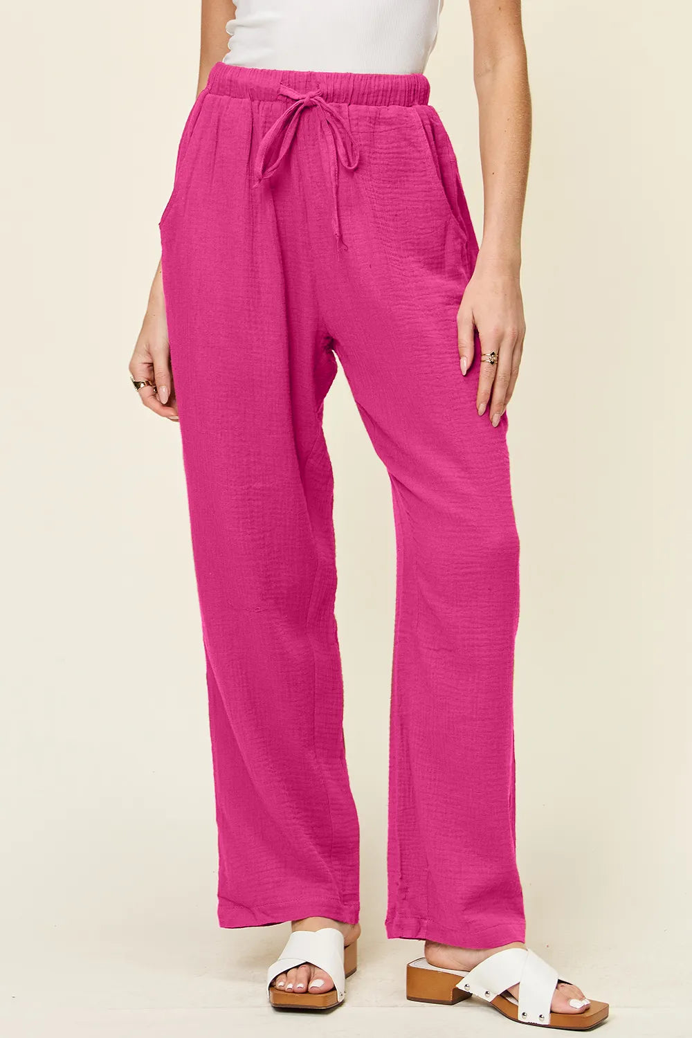 Double Take Textured Drawstring Straight Pants