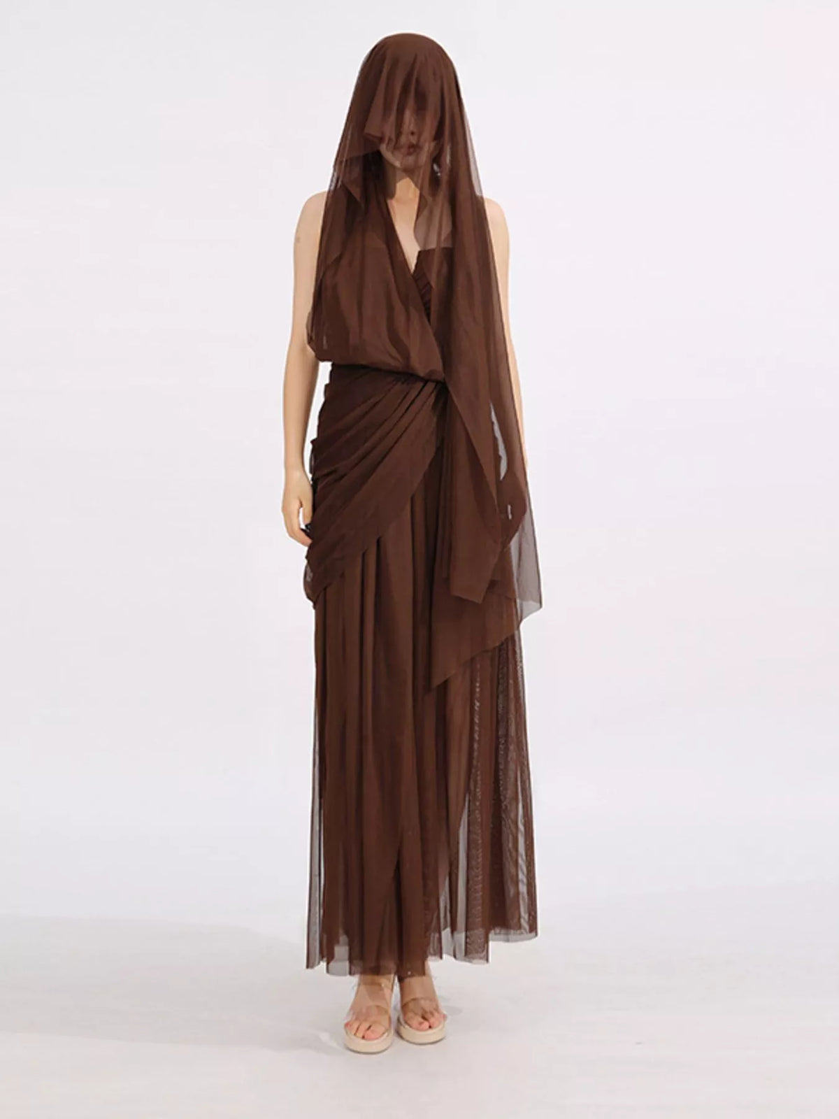 One-Shoulder Mesh Dress in Coffee in Coffee Color