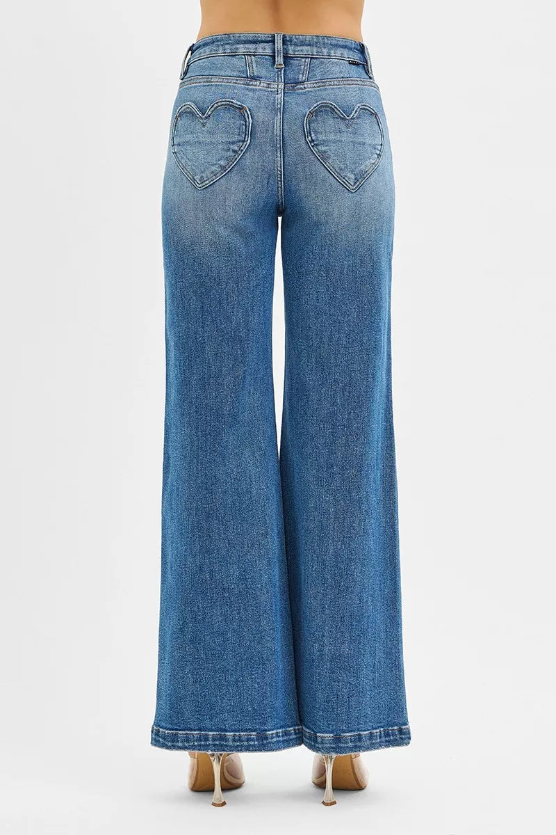 Risen High Rise Wide Leg Jeans with Heart Pocket in Medium Wash