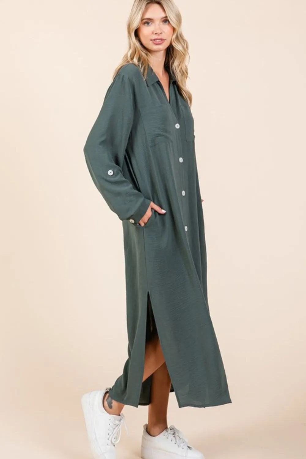 V-Neck Long Sleeve Button-Down Maxi Dress in Light Hunter in Lt Hunter by Mittoshop