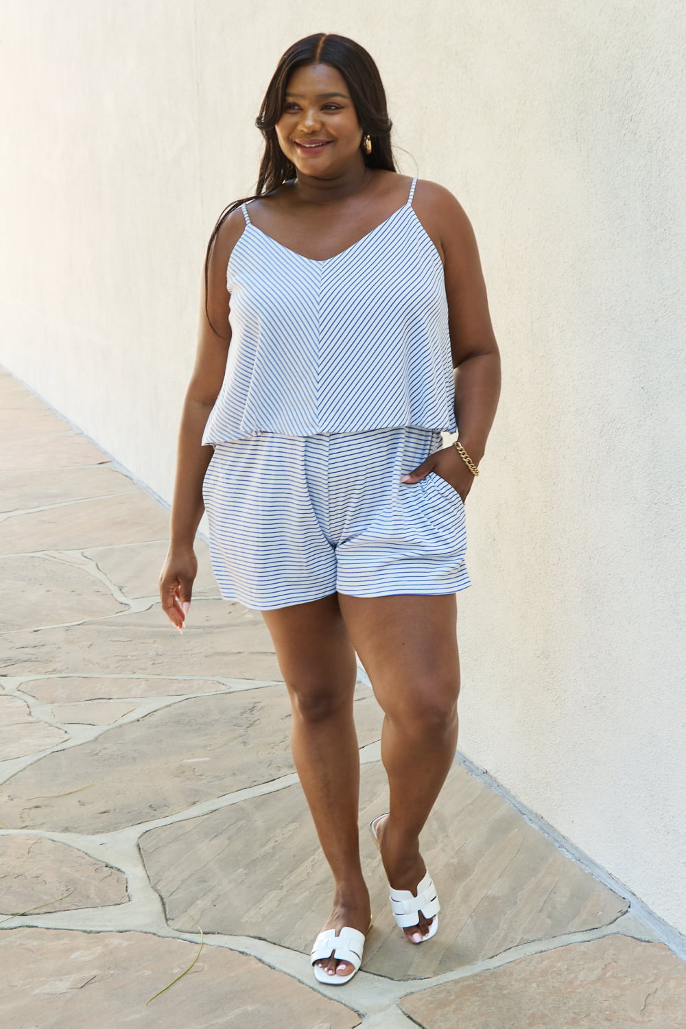 Culture Code Double Flare Striped Romper in Cobalt Blue