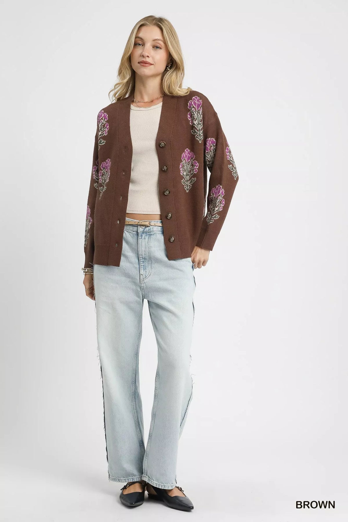 Umgee Jacquard Flower Cardigan in Brown