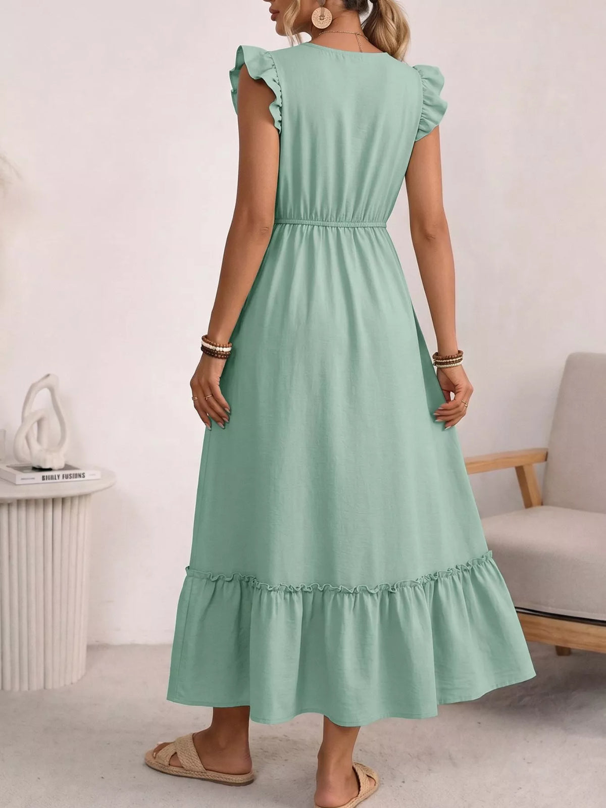 Tie-Neck Ruffle Sleeve Maxi Dress in Green